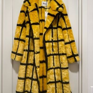 BNWT STAND Studio Irina Faux Fur Coat Yellow Black Checkered